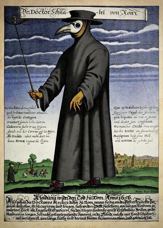 Madárcsőrös maszkjába fűszereket, gyógynövényeket tett a pestisdoktor. Készítette: I. Columbina, ad vivum delineavit. Paulus Fürst Excud