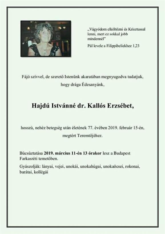 dr.Kallos Erzsébet, gyászjelentés