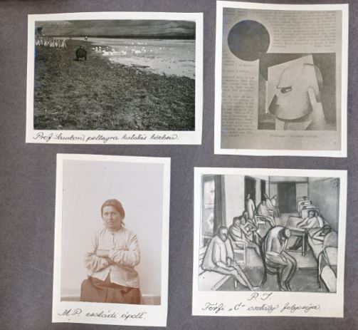 Forrás: webdokdi.hu / Az Angyalföldi Elme- és Ideggyógyintézet Múzeum albumának egy lapja, 1936 körül, felteheten Zsakó István által összeállítva, MTA Pszichiátriai Mvészeti Gyjtemény